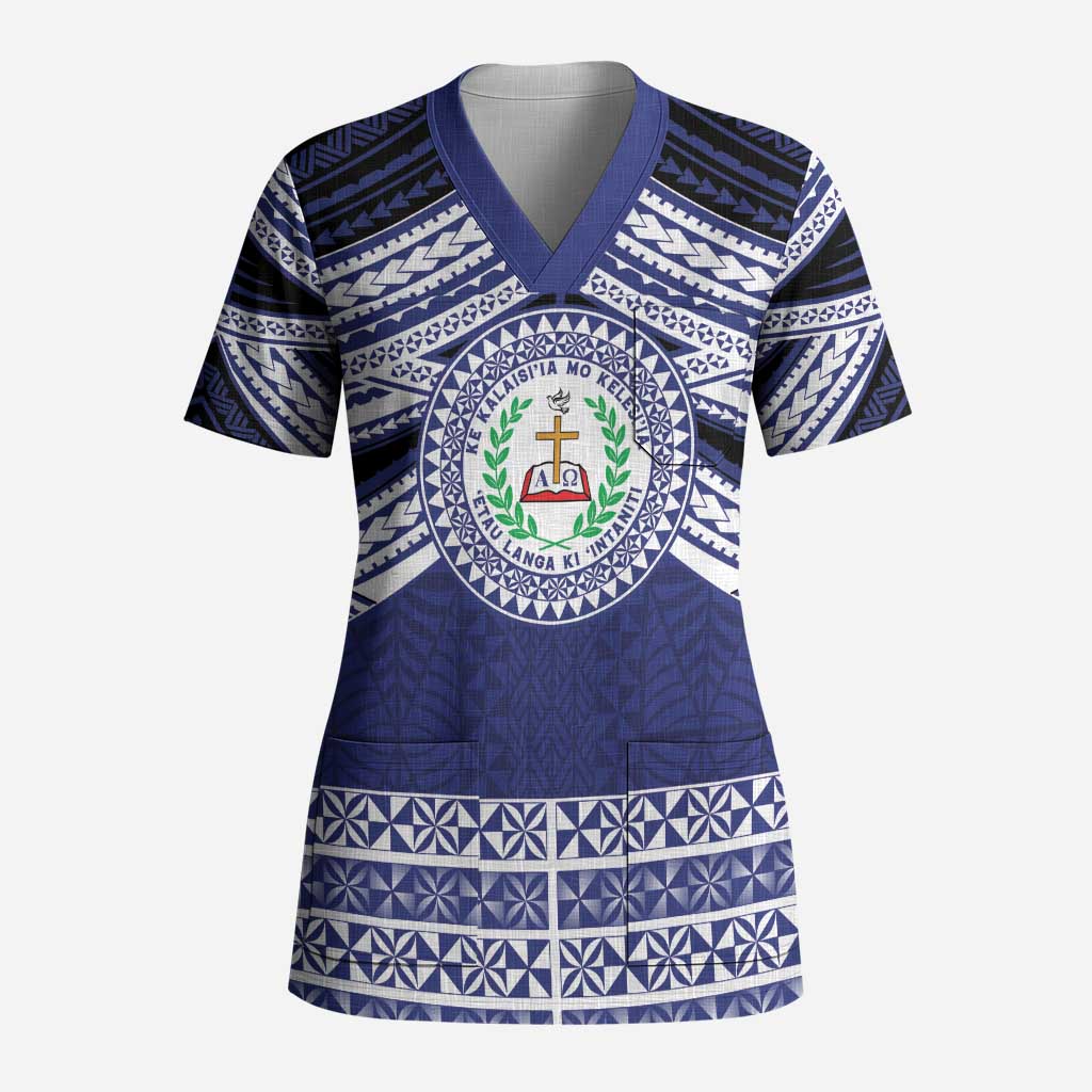 Personalised Tonga Sia'atoutai Theological College Scrub Top Polynesian Ngatu Tribal LT9 Adult Blue - Polynesian Pride
