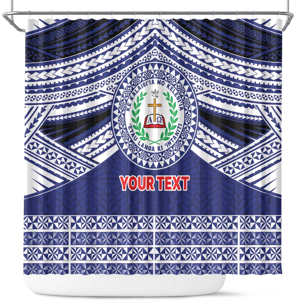 Personalised Tonga Sia'atoutai Theological College Shower Curtain Polynesian Ngatu Tribal LT9 Blue - Polynesian Pride