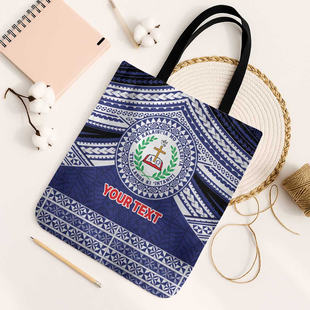 Personalised Tonga Sia'atoutai Theological College Tote Bag Polynesian Ngatu Tribal LT9 Black Strap One Size Blue - Polynesian Pride