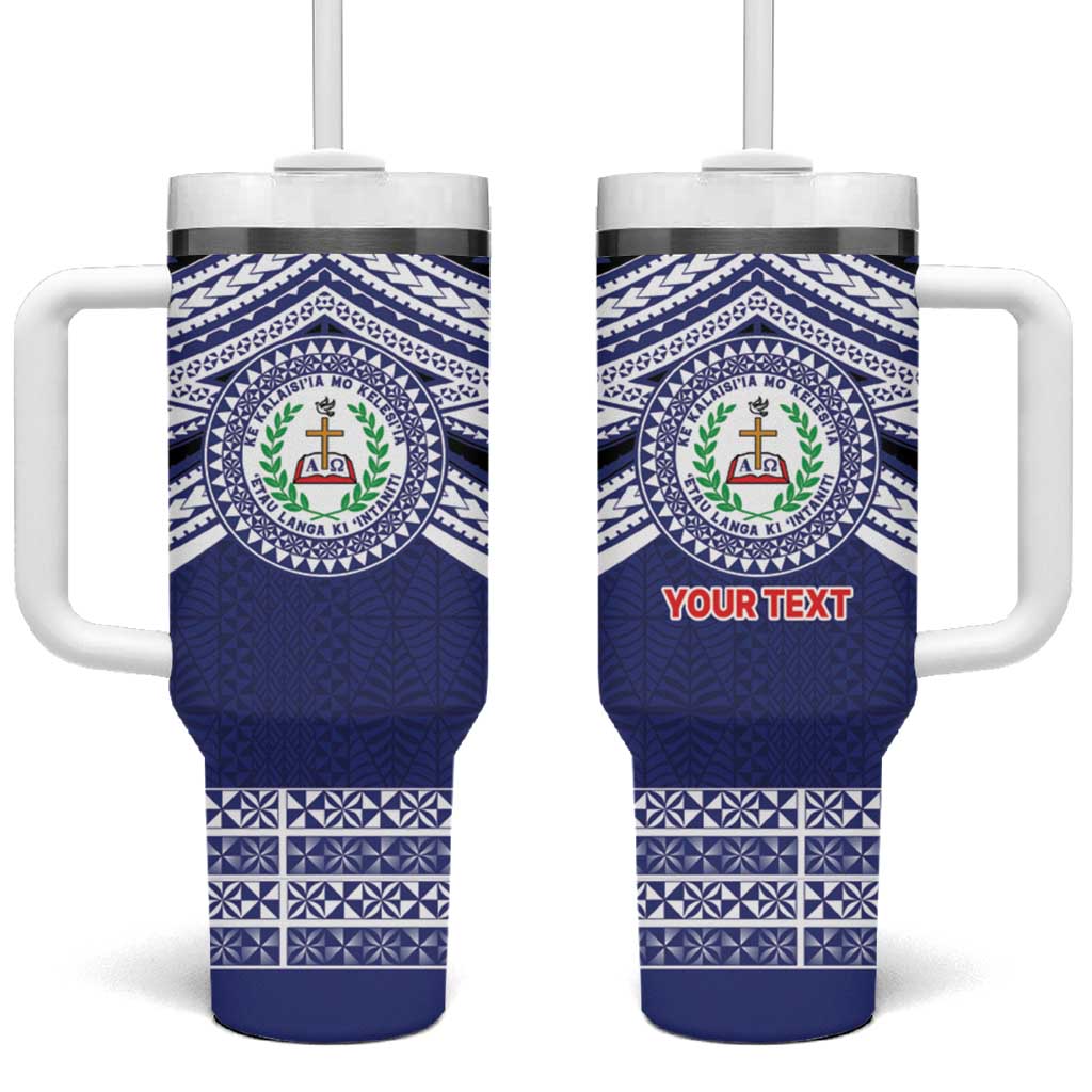 Personalised Tonga Sia'atoutai Theological College Tumbler With Handle Polynesian Ngatu Tribal LT9 One Size: 40 oz Blue - Polynesian Pride