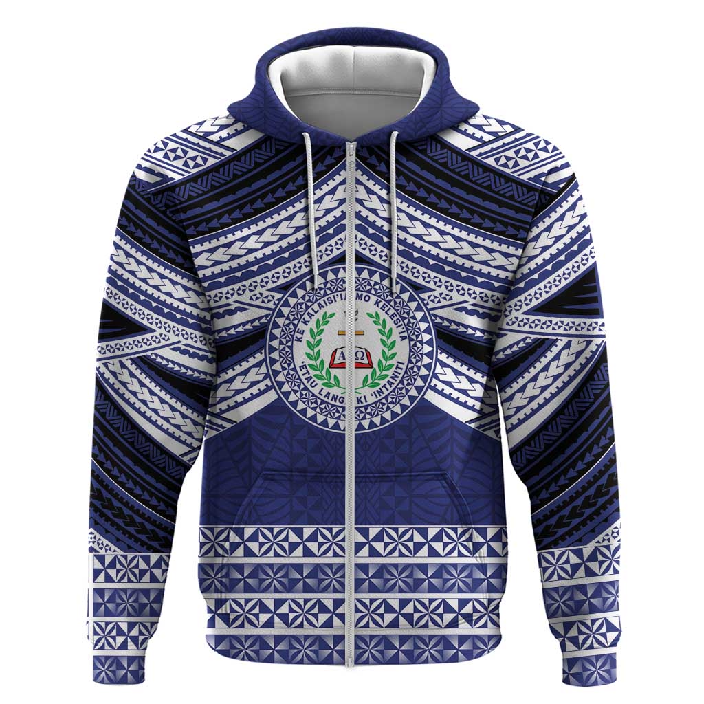 Personalised Tonga Sia'atoutai Theological College Zip Hoodie Polynesian Ngatu Tribal LT9 Zip Hoodie Blue - Polynesian Pride