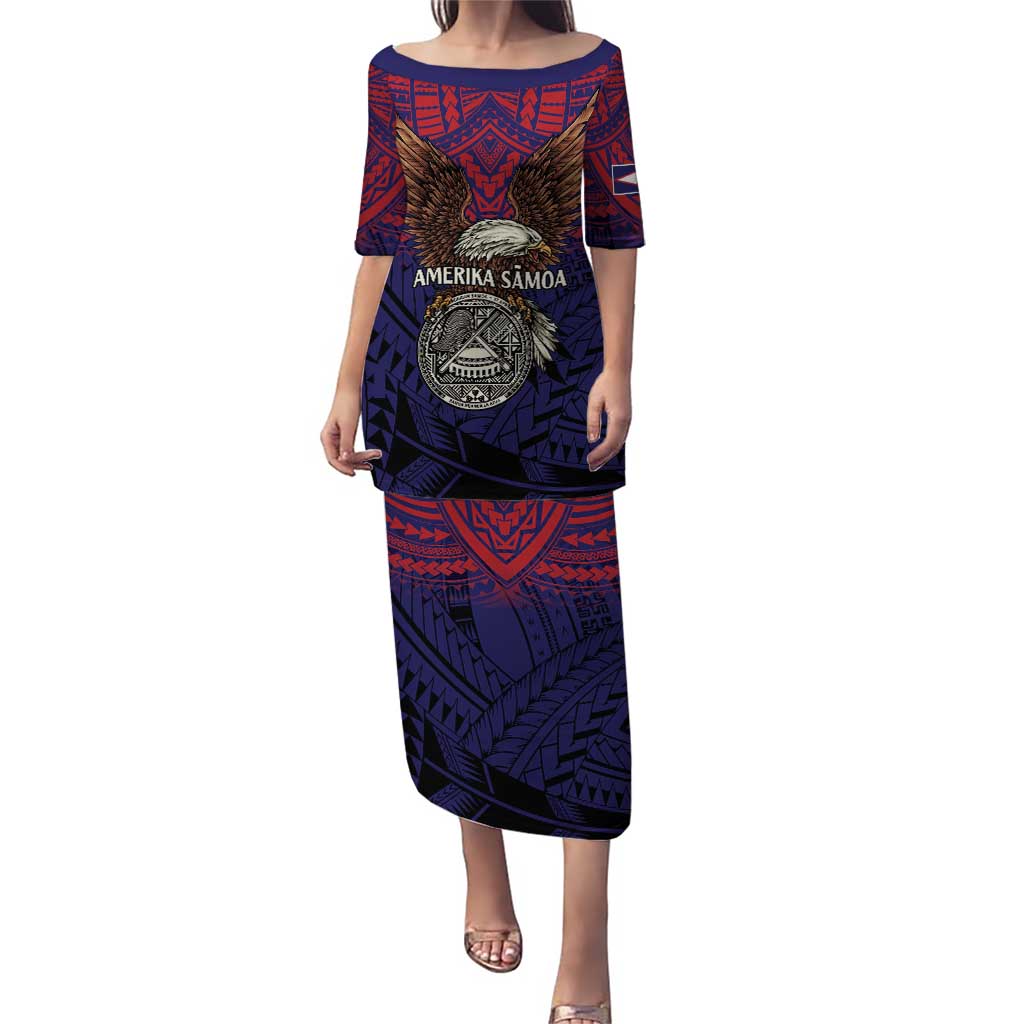 American Samoa Brave Eagle Personalized Puletasi National Flag Color LT9 Long Dress Blue - Polynesian Pride