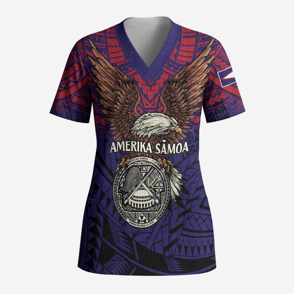 American Samoa Brave Eagle Personalized Scrub Top National Flag Color LT9 Adult Blue - Polynesian Pride