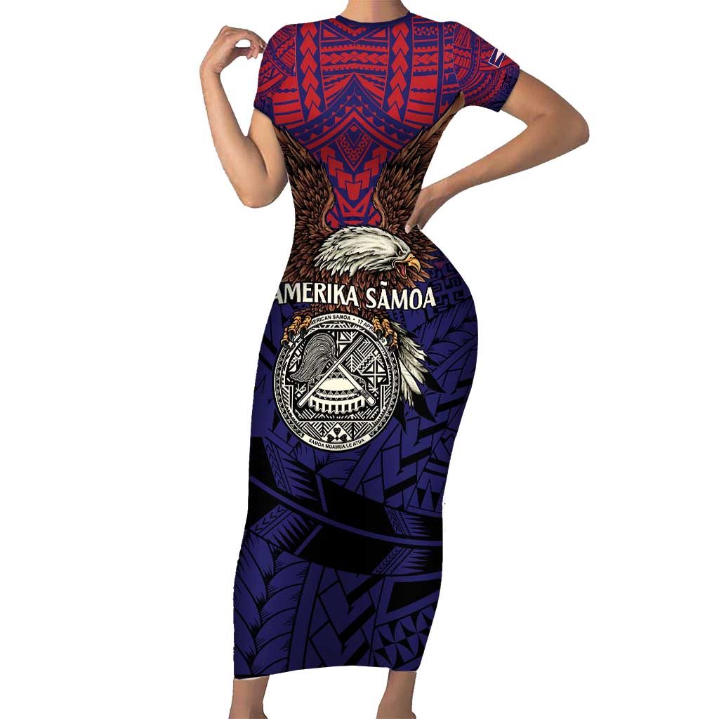 American Samoa Brave Eagle Personalized Short Sleeve Bodycon Dress National Flag Color LT9 Long Dress Blue - Polynesian Pride