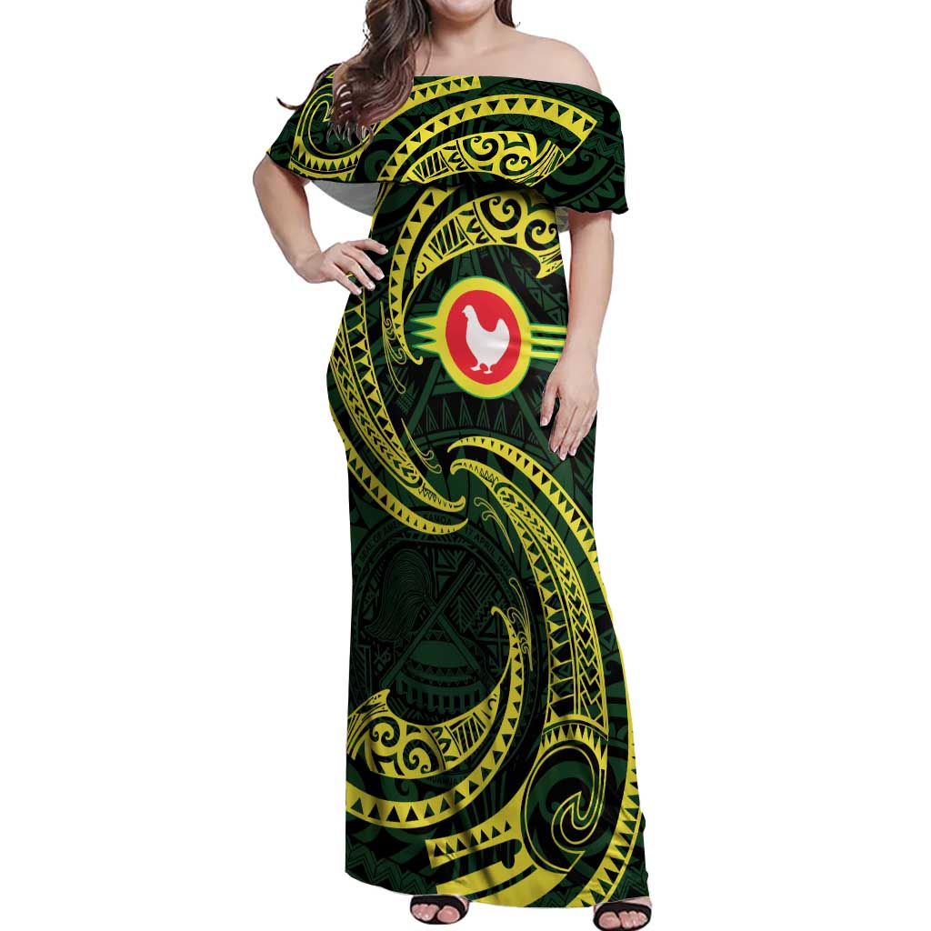 American Samoa Manua Cession Day Personalized Off Shoulder Maxi Dress Polynesian Wave Style LT9 Women Green - Polynesian Pride