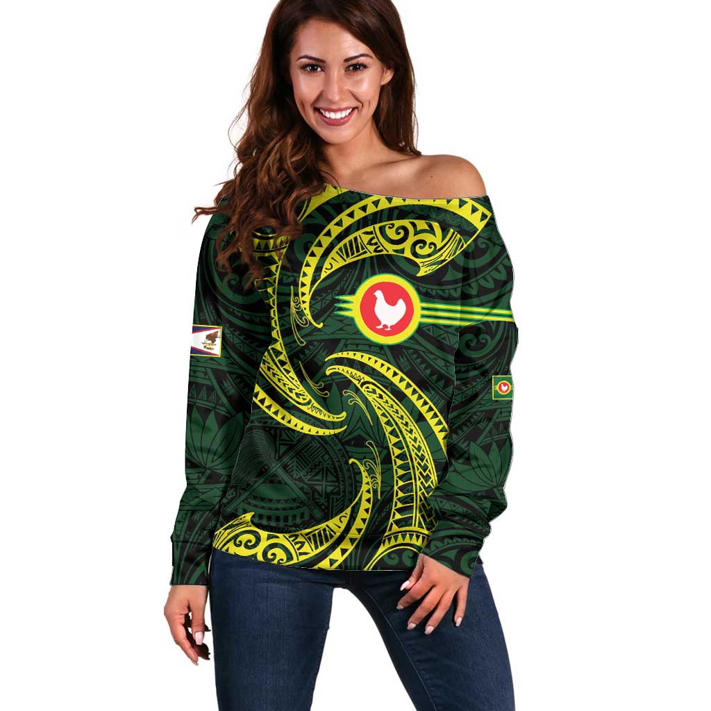 American Samoa Manua Cession Day Personalized Off Shoulder Sweater Polynesian Wave Style LT9 Women Green - Polynesian Pride