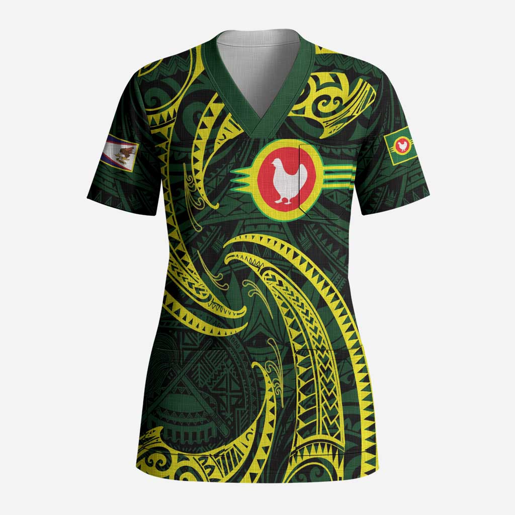 American Samoa Manua Cession Day Personalized Scrub Top Polynesian Wave Style LT9 Adult Green - Polynesian Pride
