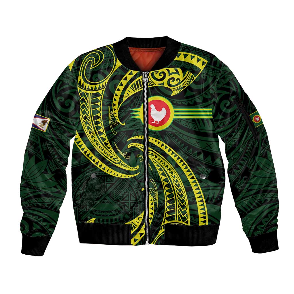 American Samoa Manua Cession Day Personalized Sleeve Zip Bomber Jacket Polynesian Wave Style LT9 Unisex Green - Polynesian Pride