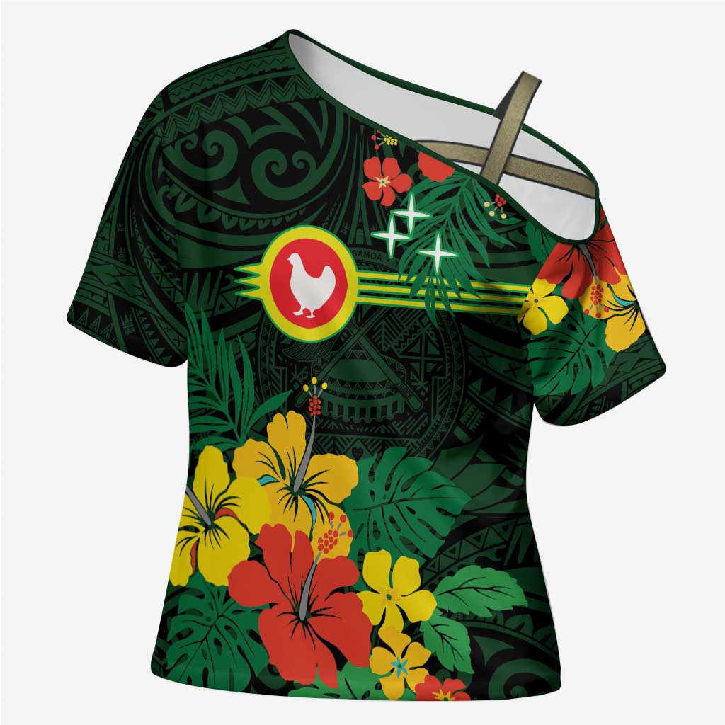 American Samoa Manu'atele Personalized Cross Shoulder Shirt Manua Island Hibiscus Flowers LT9 Female Green - Polynesian Pride