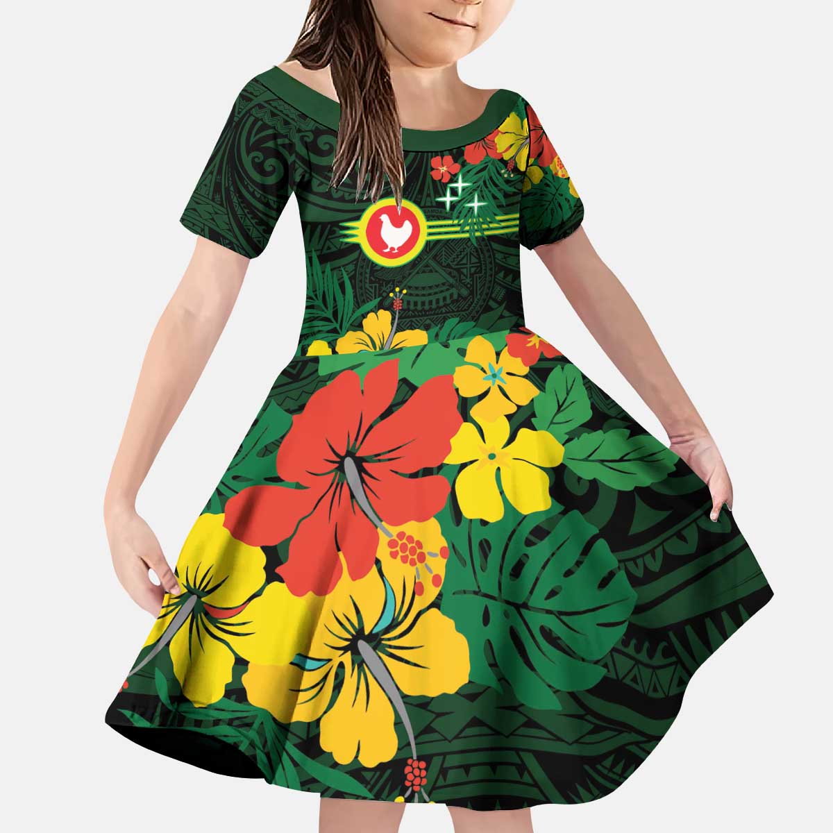 American Samoa Manu'atele Personalized Kid Short Sleeve Dress Manua Island Hibiscus Flowers LT9 KID Green - Polynesian Pride
