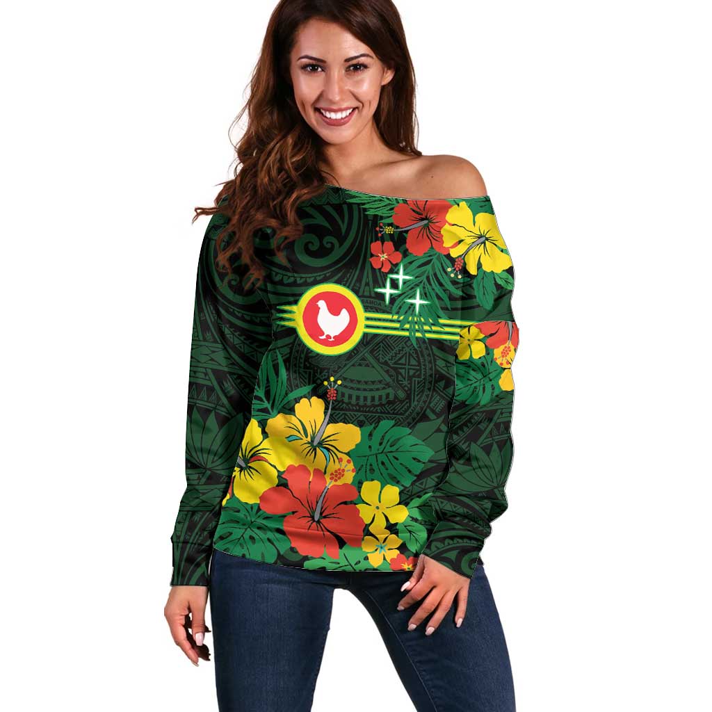American Samoa Manu'atele Personalized Off Shoulder Sweater Manua Island Hibiscus Flowers LT9 Women Green - Polynesian Pride