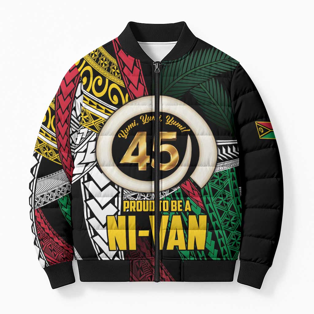 Ni-Van Vanuatu 45th Yumi Yumi Yumi Bomber Puffer Jacket Vanuatuan Boar Tusk Polynesian Pattern LT9 Unisex Black - Polynesian Pride