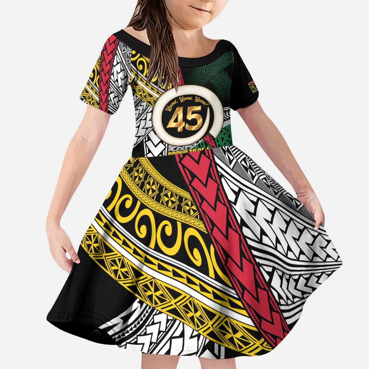 Ni-Van Vanuatu 45th Yumi Yumi Yumi Kid Short Sleeve Dress Vanuatuan Boar Tusk Polynesian Pattern LT9 KID Black - Polynesian Pride