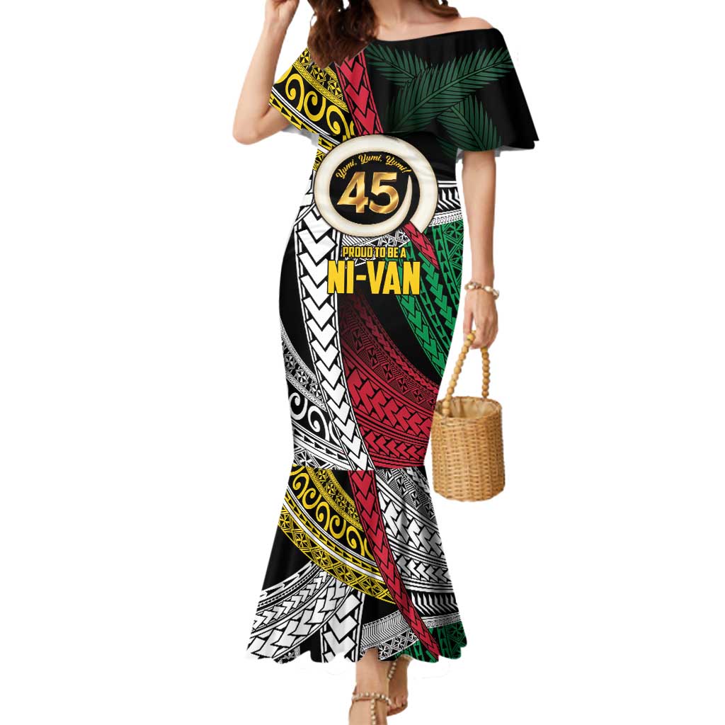 Ni-Van Vanuatu 45th Yumi Yumi Yumi Mermaid Dress Vanuatuan Boar Tusk Polynesian Pattern LT9 Women Black - Polynesian Pride