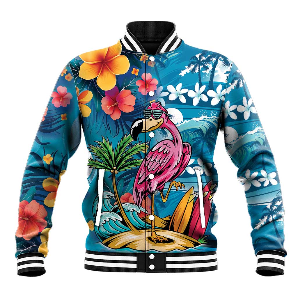 Hawaiian Flamingo Hibiscus Personalised Baseball Jacket Blue Summer Tropical Flowers LT9 Unisex Blue - Polynesian Pride