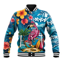 Hawaiian Flamingo Hibiscus Personalised Baseball Jacket Blue Summer Tropical Flowers LT9 Unisex Blue - Polynesian Pride
