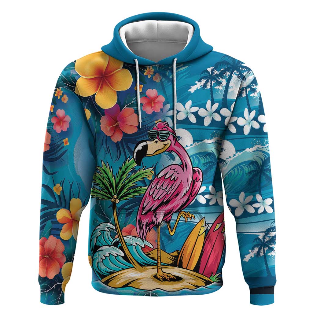 Hawaiian Flamingo Hibiscus Personalised Hoodie Blue Summer Tropical Flowers LT9 Pullover Hoodie Blue - Polynesian Pride