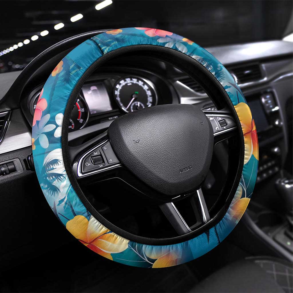Hawaiian Flamingo Hibiscus Steering Wheel Cover Blue Summer Tropical Flowers LT9 Universal Fit Blue - Polynesian Pride