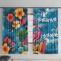 Hawaiian Flamingo Hibiscus Personalised Window Curtain Blue Summer Tropical Flowers LT9 With Hooks Blue - Polynesian Pride