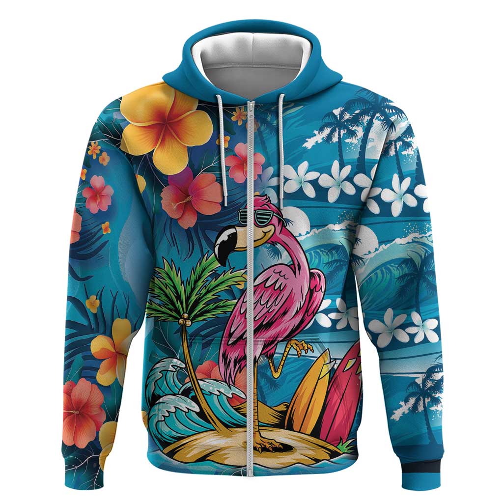 Hawaiian Flamingo Hibiscus Personalised Zip Hoodie Blue Summer Tropical Flowers LT9 Zip Hoodie Blue - Polynesian Pride