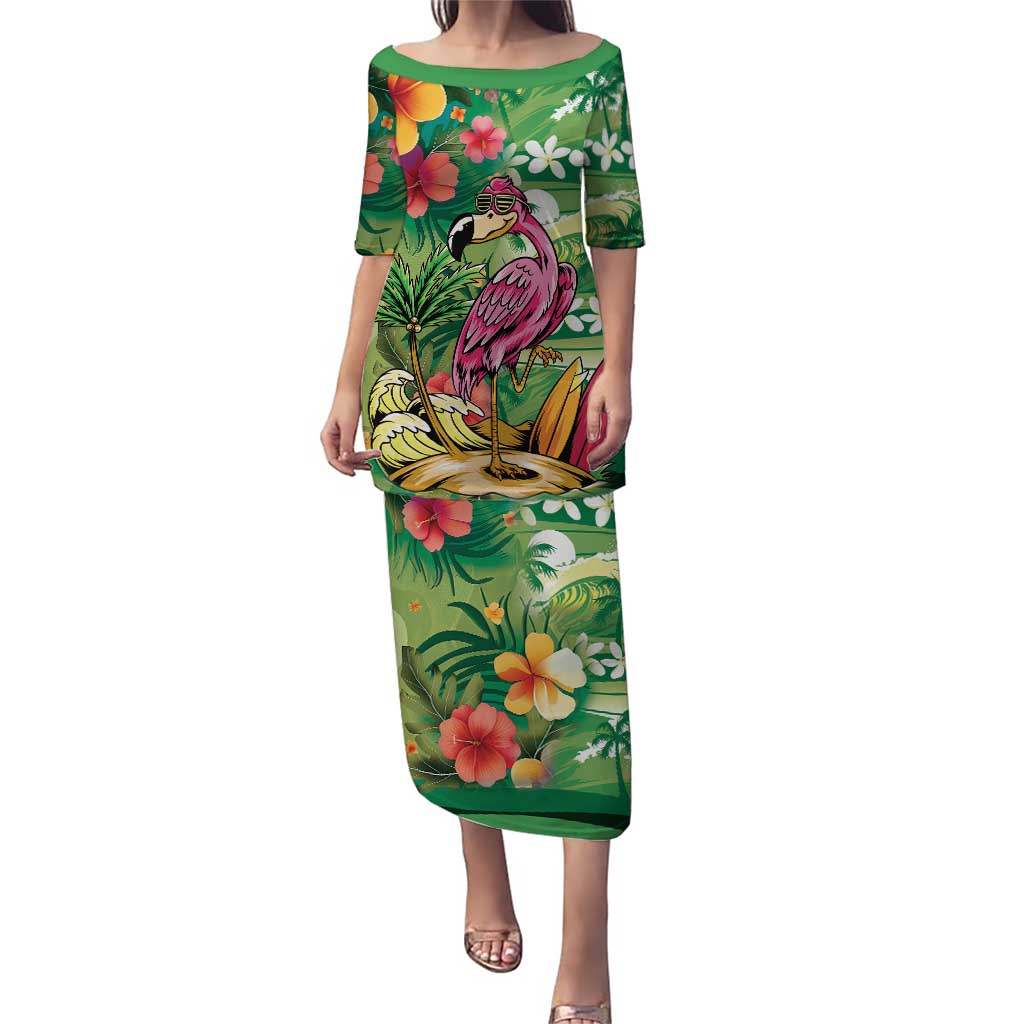Hawaiian Flamingo Hibiscus Personalised Puletasi Green Summer Tropical Flowers LT9 Long Dress Green - Polynesian Pride