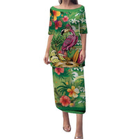 Hawaiian Flamingo Hibiscus Personalised Puletasi Green Summer Tropical Flowers LT9 Long Dress Green - Polynesian Pride