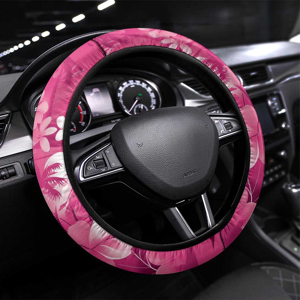 Hawaiian Flamingo Hibiscus Steering Wheel Cover Pink Summer Tropical Flowers LT9 Universal Fit Pink - Polynesian Pride