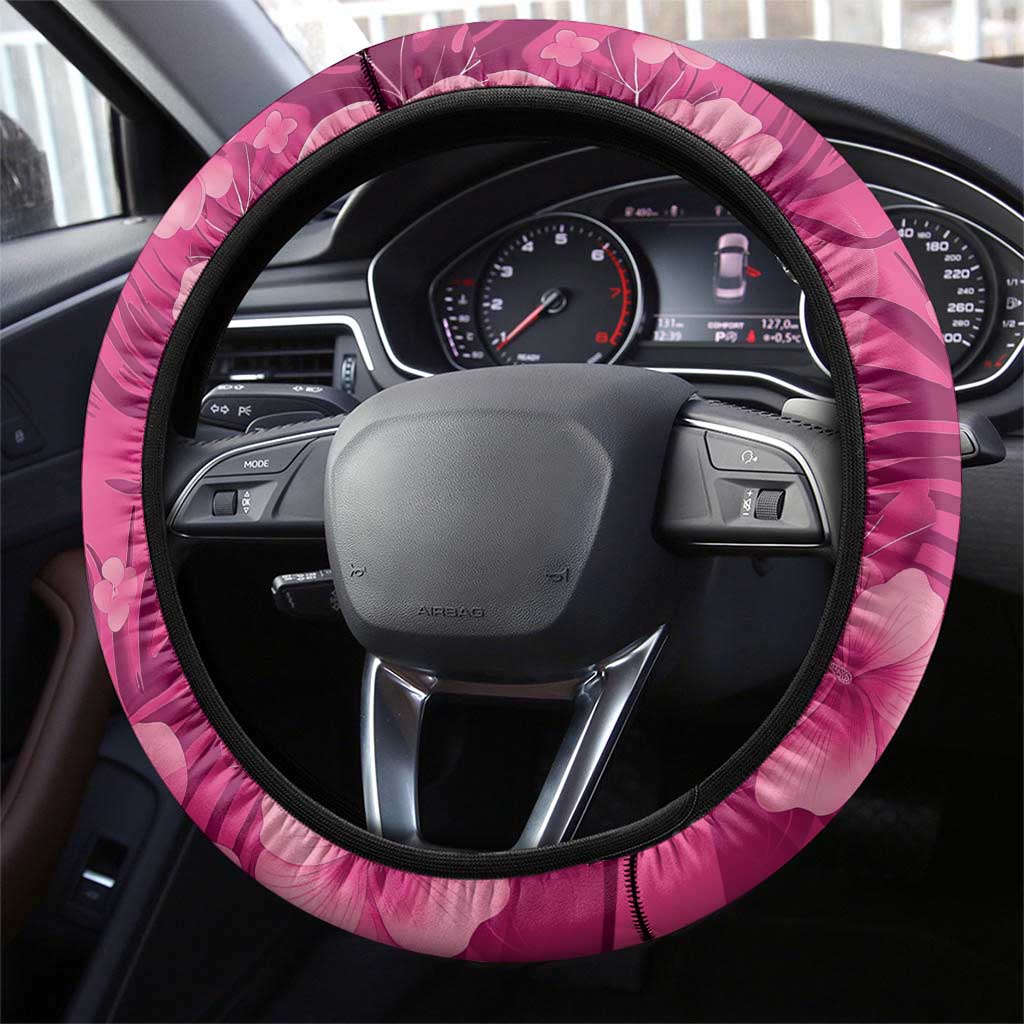 Hawaiian Flamingo Hibiscus Steering Wheel Cover Pink Summer Tropical Flowers LT9 - Polynesian Pride