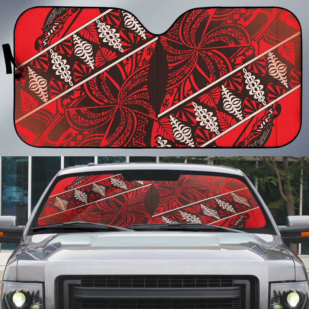 Vintage Ngatu Tribal Tonga Pattern Auto Sun Shade LT9 Red - Polynesian Pride