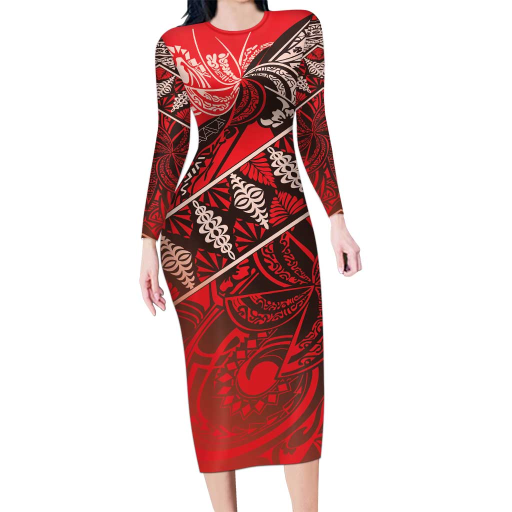 Vintage Ngatu Tribal Tonga Pattern Long Sleeve Bodycon Dress LT9 Long Dress Red - Polynesian Pride