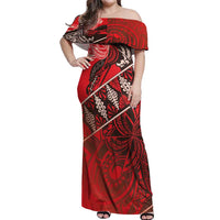 Vintage Ngatu Tribal Tonga Pattern Off Shoulder Maxi Dress LT9 Women Red - Polynesian Pride