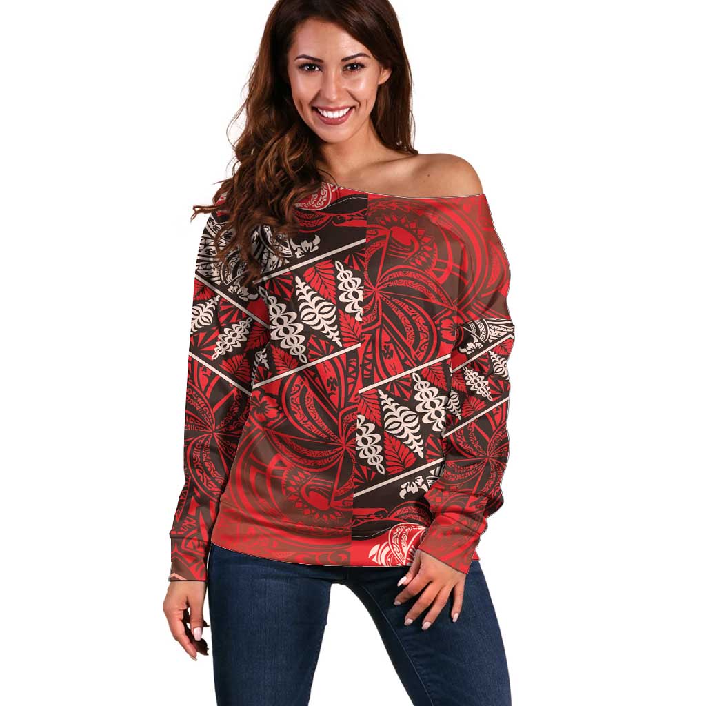 Vintage Ngatu Tribal Tonga Pattern Off Shoulder Sweater LT9 Women Red - Polynesian Pride