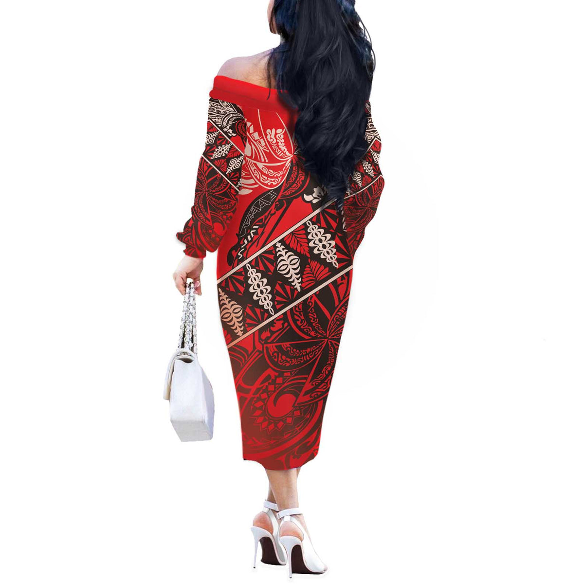 Vintage Ngatu Tribal Tonga Pattern Off The Shoulder Long Sleeve Dress LT9 - Polynesian Pride