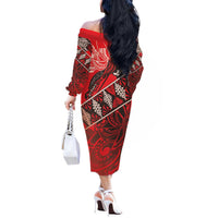 Vintage Ngatu Tribal Tonga Pattern Off The Shoulder Long Sleeve Dress LT9 - Polynesian Pride