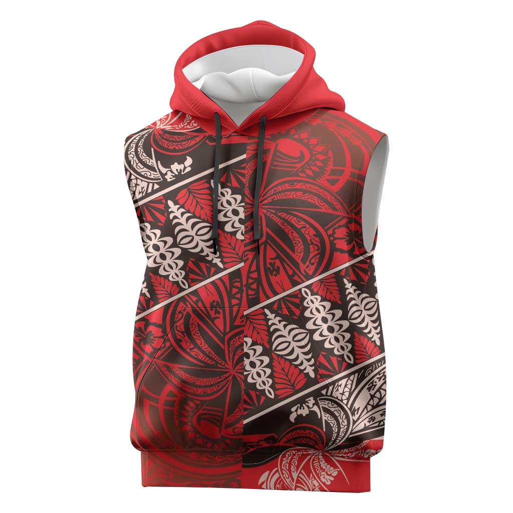 Vintage Ngatu Tribal Tonga Pattern Sleeveless Hoodie LT9 Red - Polynesian Pride