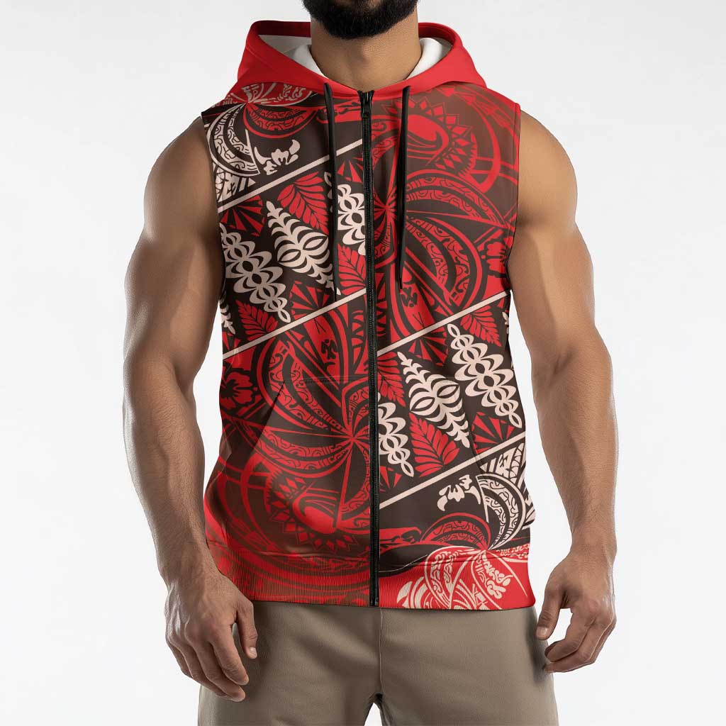 Vintage Ngatu Tribal Tonga Pattern Sleeveless Zip Hoodie LT9 - Polynesian Pride