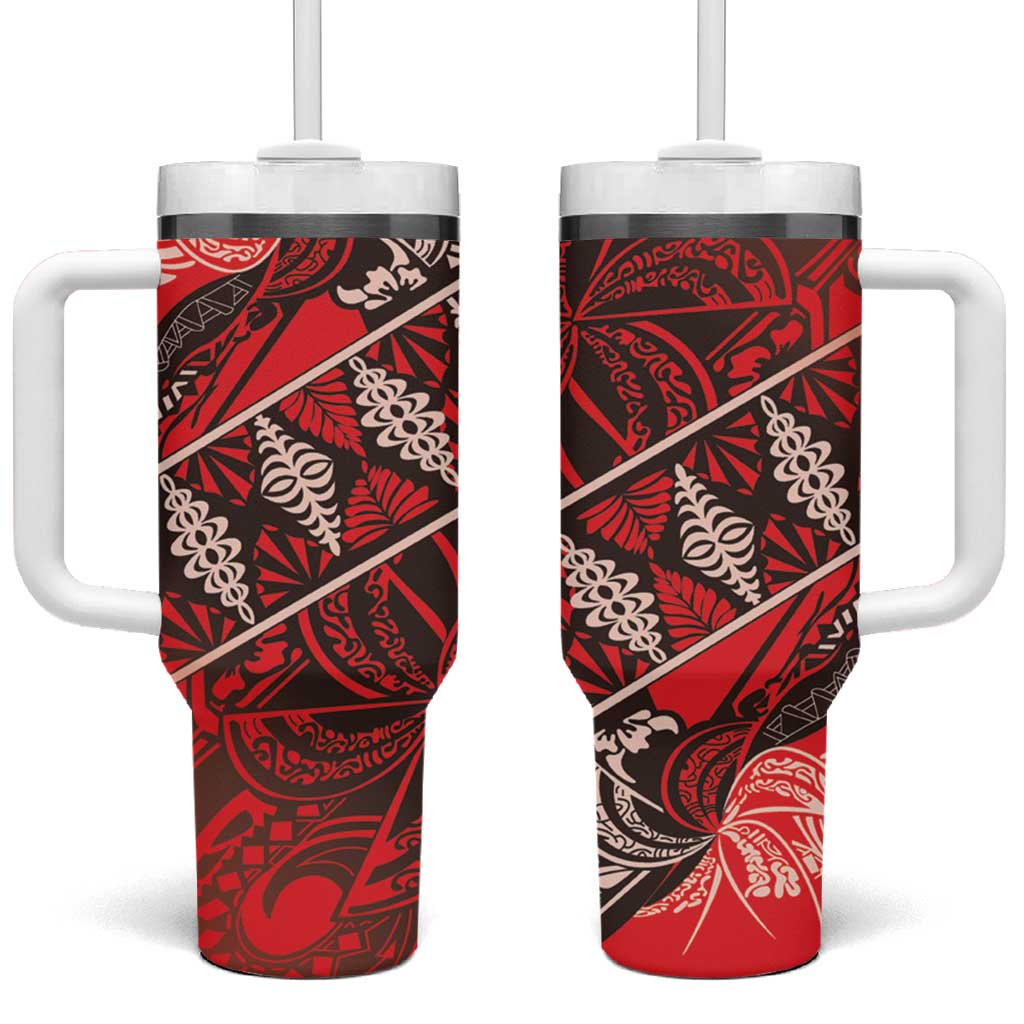 Vintage Ngatu Tribal Tonga Pattern Tumbler With Handle LT9 One Size: 40 oz Red - Polynesian Pride