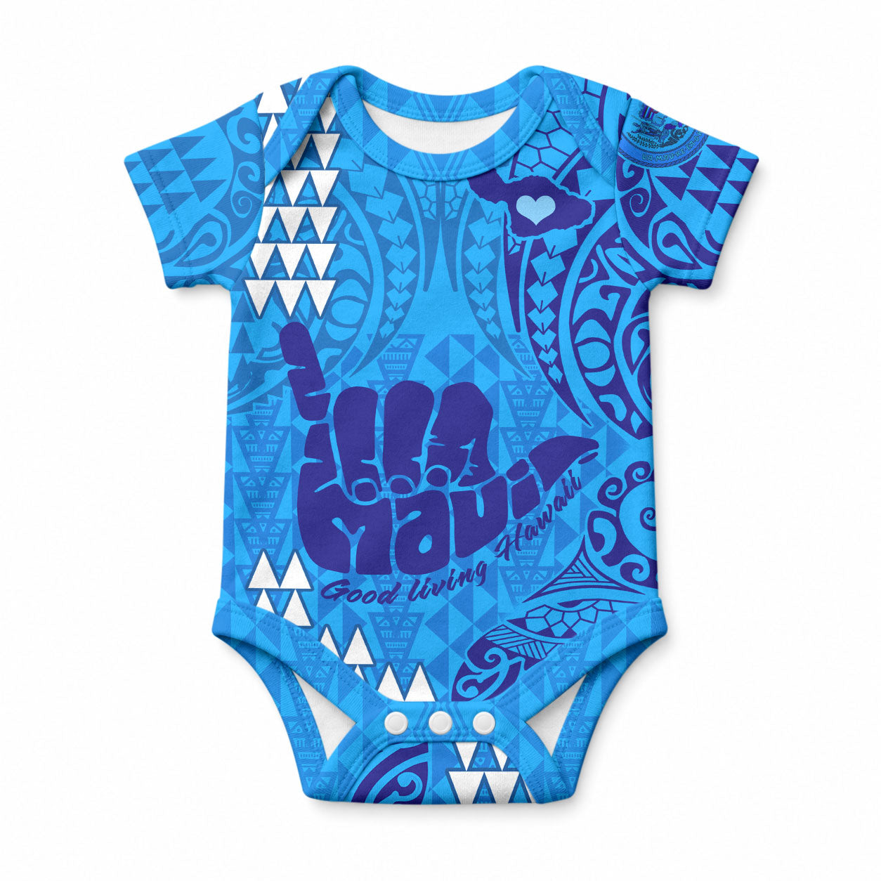 Strong Maui Baby Onesie Good Living Hawaii with Shaka Sign Kakau Tribal Blue LT9 Blue - Polynesian Pride
