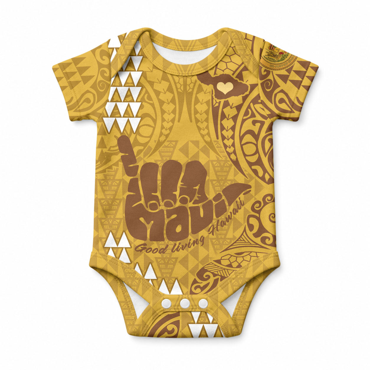 Strong Maui Baby Onesie Good Living Hawaii with Shaka Sign Kakau Tribal Gold LT9 Gold - Polynesian Pride