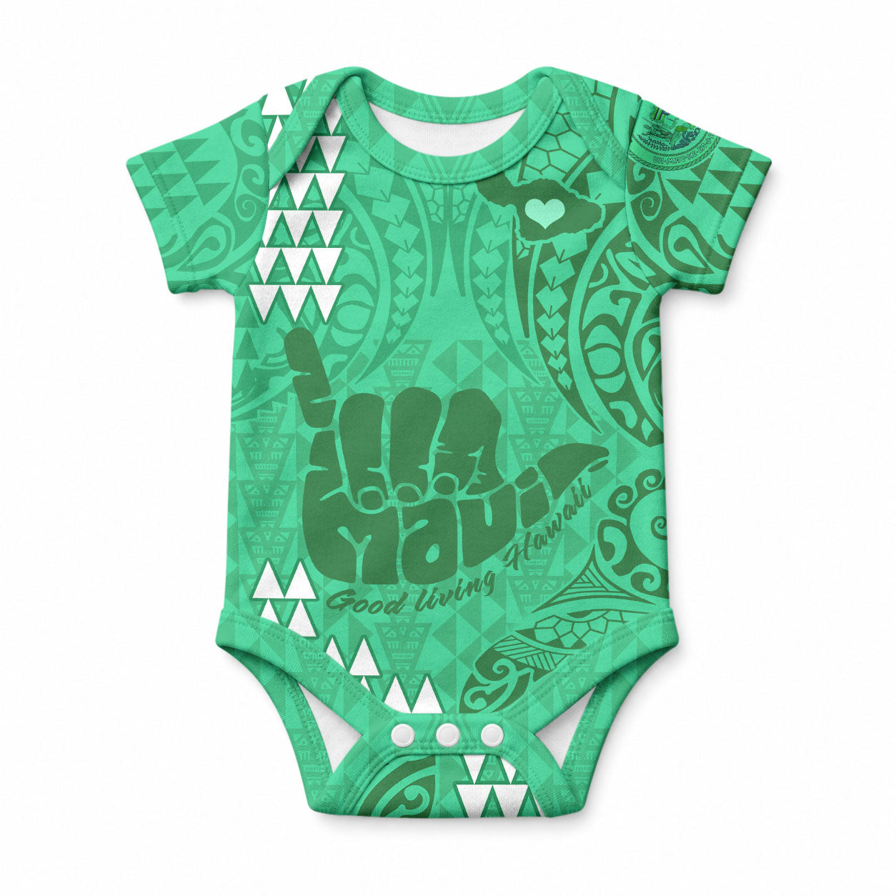 Strong Maui Baby Onesie Good Living Hawaii with Shaka Sign Kakau Tribal Green LT9 Green - Polynesian Pride
