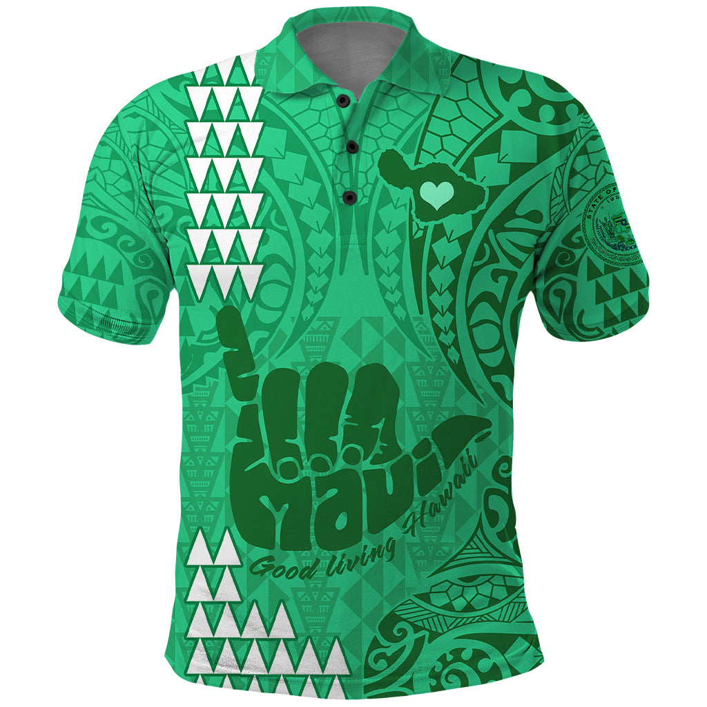 Strong Maui Polo Shirt Good Living Hawaii with Shaka Sign Kakau Tribal Green LT9 Green - Polynesian Pride