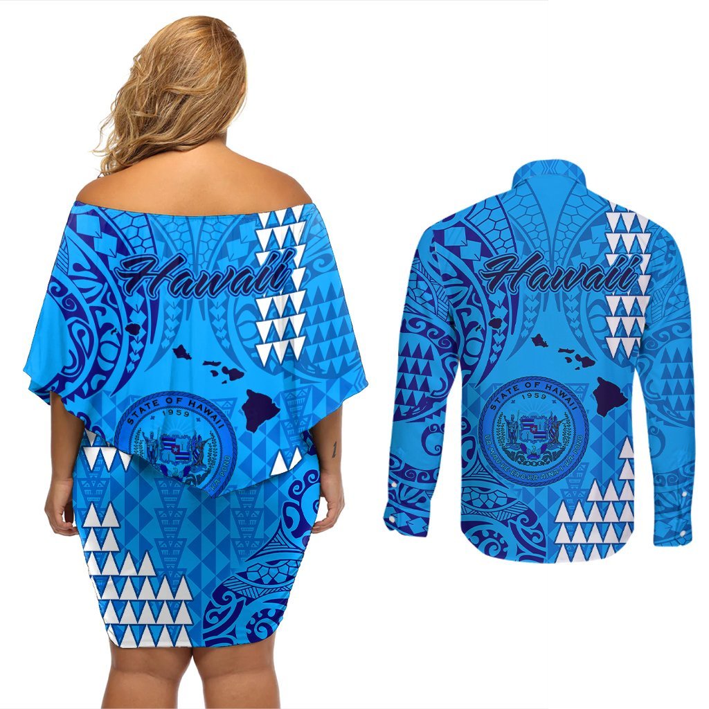 Maui Island Couples Matching Off Shoulder Short Dress and Long Sleeve Button Shirts Kakau Tribal Mixed Polynesian Pattern Blue LT9 - Polynesian Pride