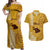 Personalised Maui Island Couples Matching Off Shoulder Maxi Dress and Hawaiian Shirt Kakau Tribal Mixed Polynesian Pattern Gold LT9 Gold - Polynesian Pride