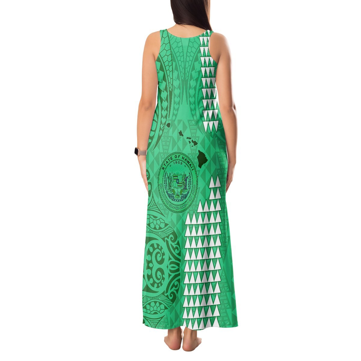 Personalised Maui Island Tank Maxi Dress Kakau Tribal Mixed Polynesian Pattern Green LT9 - Polynesian Pride