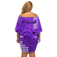 Maui Island Off Shoulder Short Dress Kakau Tribal Mixed Polynesian Pattern Purple LT9 - Polynesian Pride