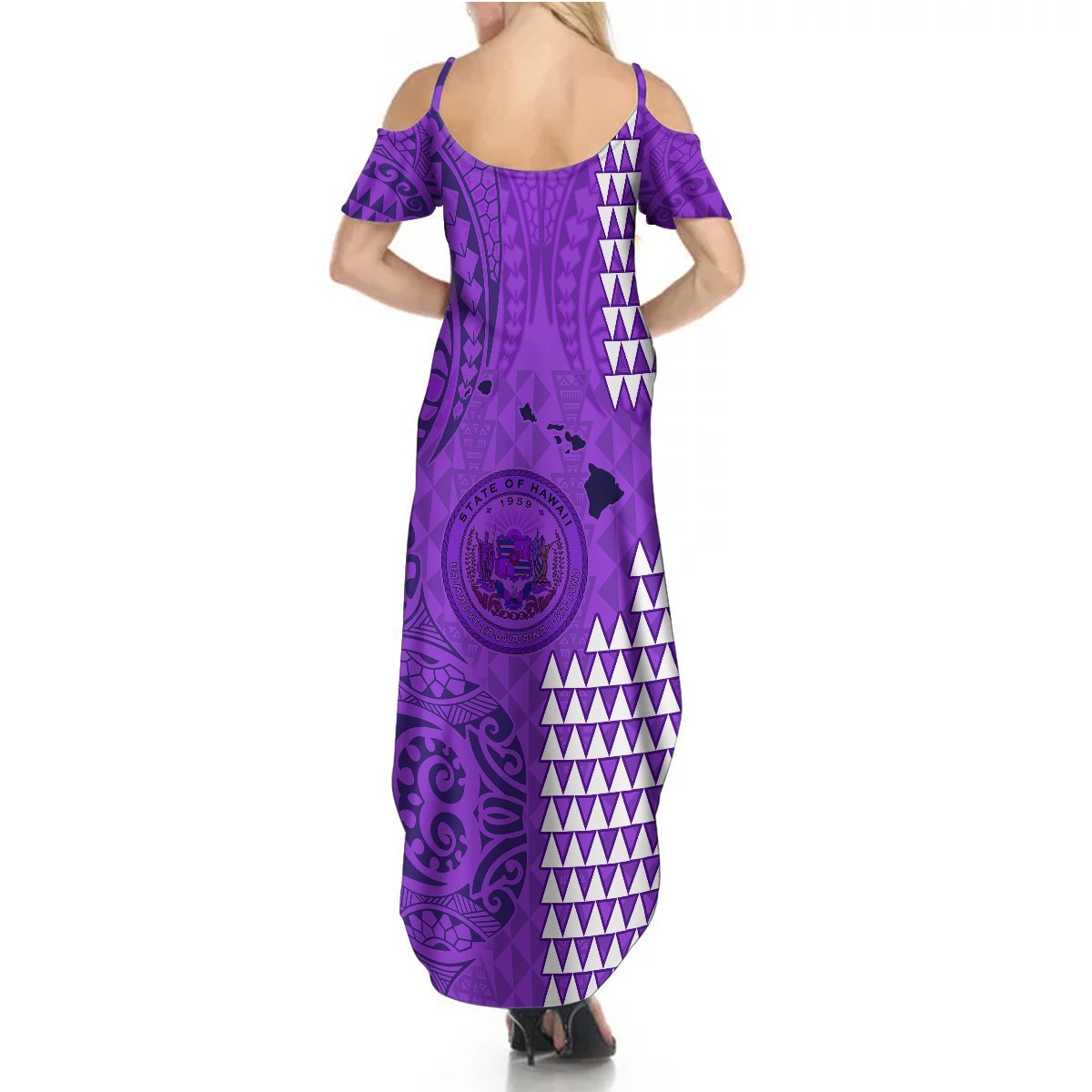 Personalised Maui Island Summer Maxi Dress Kakau Tribal Mixed Polynesian Pattern Purple LT9 - Polynesian Pride