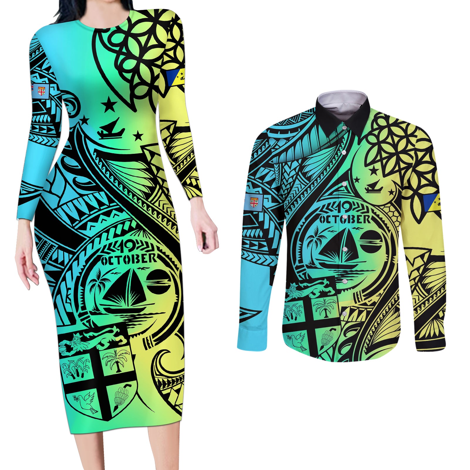 malampa-fiji-day-couples-matching-long-sleeve-bodycon-dress-and-long-sleeve-button-shirts-vanuatu-sand-drawing-with-polynesian-pattern