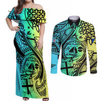 Malampa Fiji Day Couples Matching Off Shoulder Maxi Dress and Long Sleeve Button Shirts Vanuatu Sand Drawing With Polynesian Pattern LT9 Black - Polynesian Pride