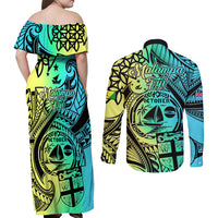 Malampa Fiji Day Couples Matching Off Shoulder Maxi Dress and Long Sleeve Button Shirts Vanuatu Sand Drawing With Polynesian Pattern LT9 - Polynesian Pride