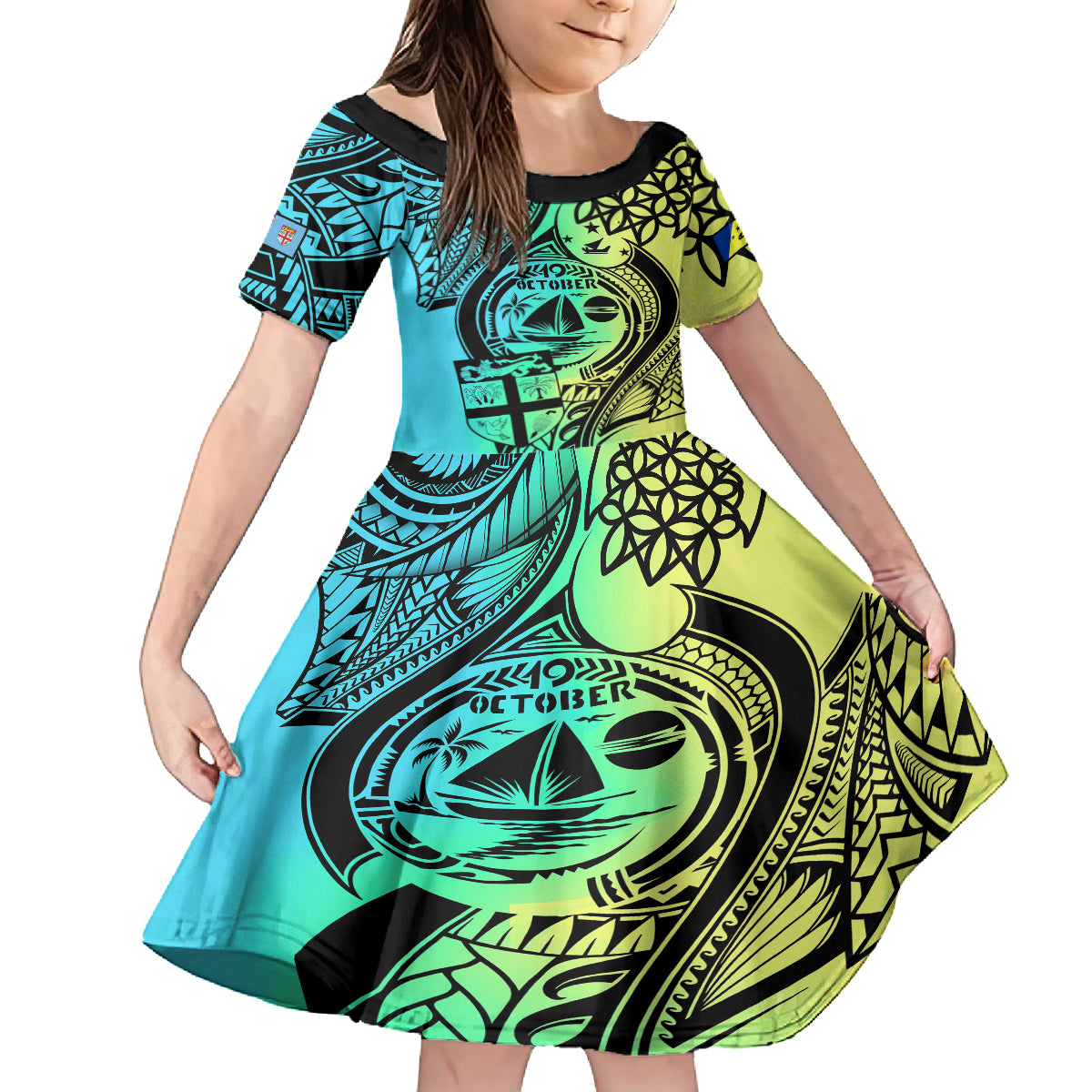 Malampa Fiji Day Kid Short Sleeve Dress Vanuatu Sand Drawing With Polynesian Pattern LT9 KID Black - Polynesian Pride